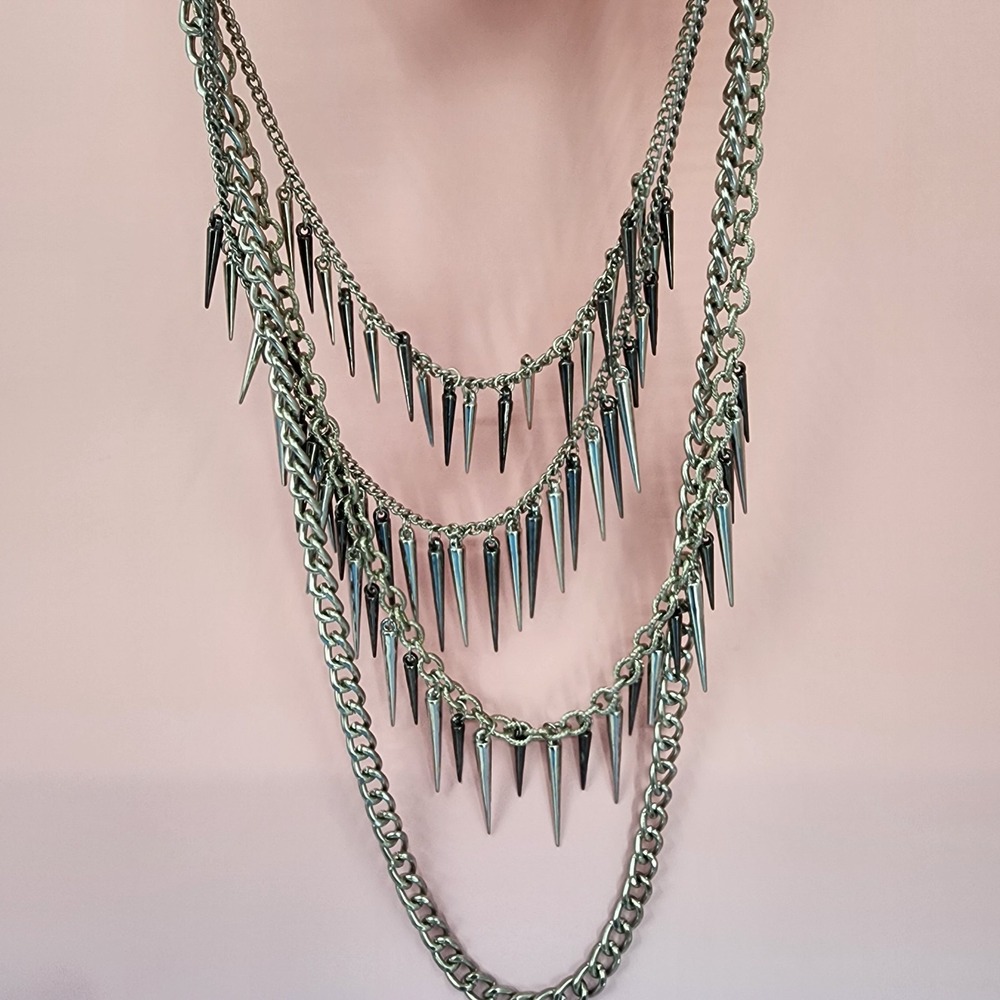 Silver Tone Multi Strand Spike Chain Necklace Gothic Punk Y2K Statement Festival